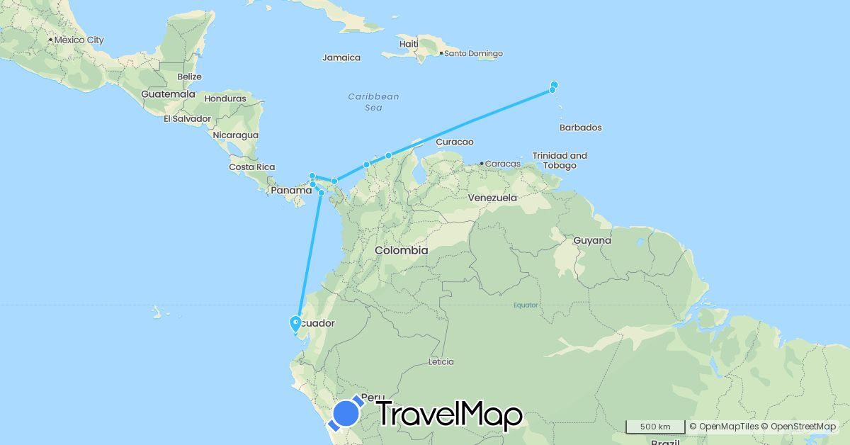TravelMap itinerary: driving, boat in Colombia, Ecuador, France, Panama (Europe, North America, South America)